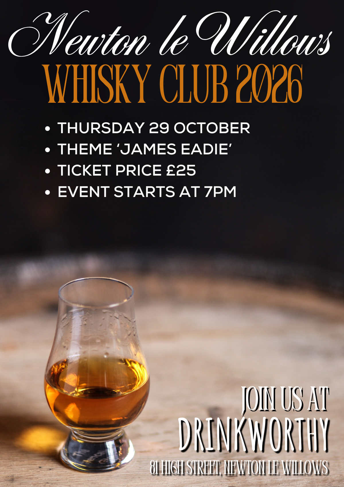 25f. Whisky Tasting Night: James Eadie Showcase | Thursday 29 October 7PM
